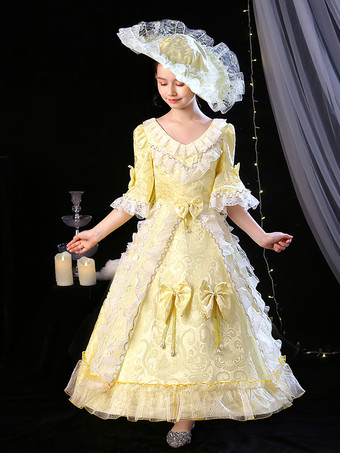 ポリエステルファイバーティーパーティーボウ3/4レングススリーブポリエステルジャンプスーツROCOCOスタイルブロンドキッズ 'ロリータドレス