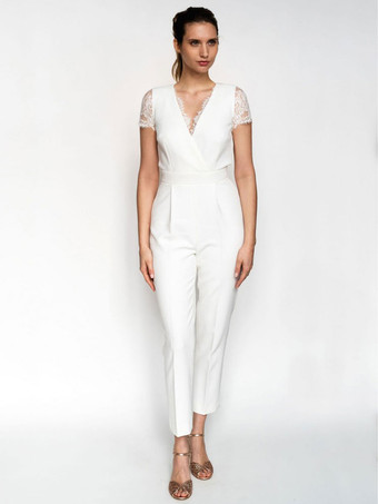 シンプルなレースのジャンプスーツのウェディングドレス