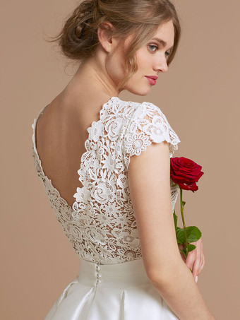 Vestido de novia Intage con cuello en V  manga corta  cintura natural  encaje con tren  encaje  vestidos tradicionales para novia