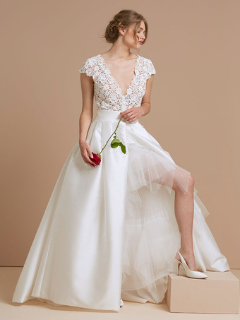 Vestido de novia Intage con cuello en V  manga corta  cintura natural  encaje con tren  encaje  vestidos tradicionales para novia