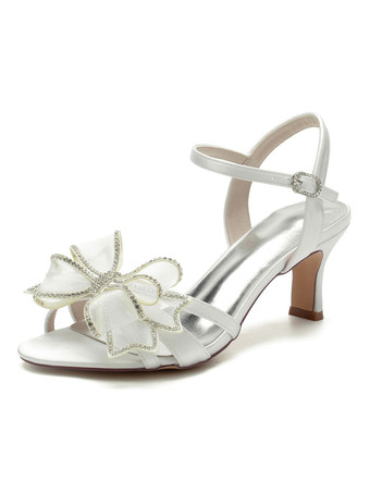 アイボリー 女性の結婚式の靴ラインストーンサテンオープントゥチャンキーヒールブライダルシューズ