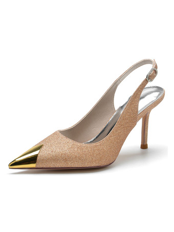 シャンパンカラー女性の結婚式の靴ラインストーンスパンコール布先のとがったつま先スティレットヒールブライダルシューズ