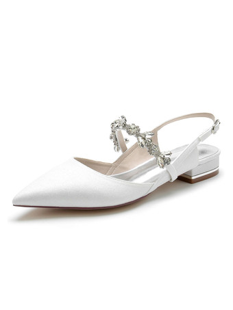 ホワイト 女性の結婚式の靴ラインストーンスパンコール布先のとがったつま先フラットブライダルシューズ