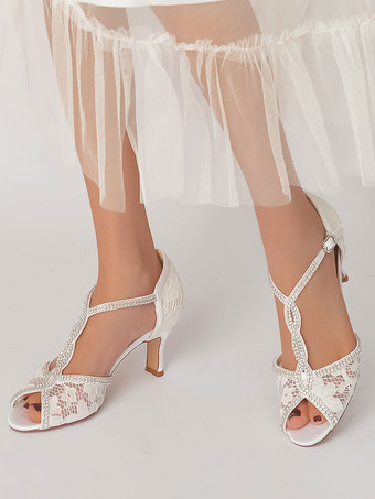 女性のブライダルシューズラインストーンサテンオープントゥチャンキーヒールブライダルシューズ