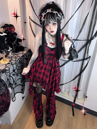   Gothic Lolita Dress Ruffles Lace up Bows Plaid Sleeveless Red Lolita Jumper Skirts
