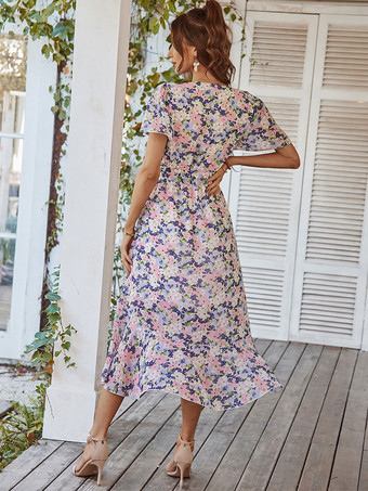 Vネックマキシワンピース半袖ポリエステルプリントフロア丈ワンピース