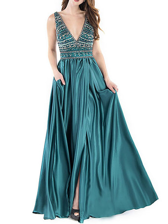 Prom Dress 2024 Floor-Length Ball Gown V-Neck Beaded Elastic Silk Like Satin Wedding Guest Dresses Free Customization