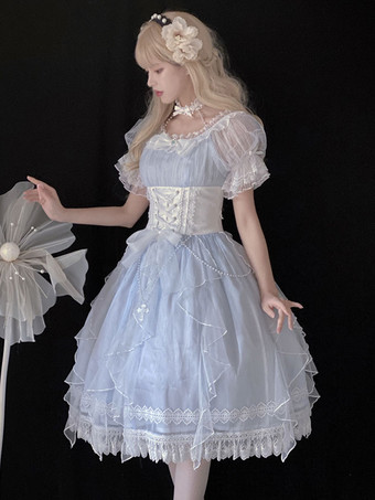 Süßes Lolita-Kleid Prinzessin Schleifen Perlen Spitze Kurzarm Hellhimmelblaues Lolita-Hochzeitskleid