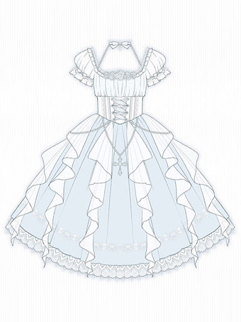 ロリータドレスポリエステル半袖ドレス スイート リボン フリル ライトスカイブルー