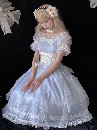 ロリータドレスポリエステル半袖ドレス スイート リボン フリル ライトスカイブルー