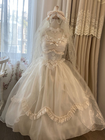 Sweet Lolita Wedding Dress Polyester Bow Tail Sleeveless White Lolita Wedding Dress