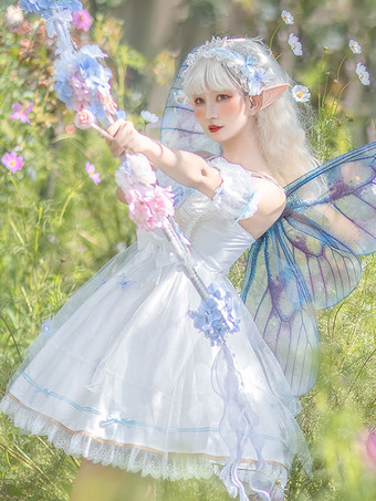 Sweet Lolita Dress Conjunto de 3 piezas Butterfly Bone Girl Princesa Bordado Sin mangas White Lolita Jumper Falda
