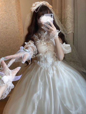 Süßes Lolita-Brautkleid aus Polyester mit Schleife und ärmellosem weißen Lolita-Brautkleid