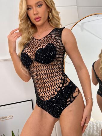 Mesh Teddy For Women Black Sheer Cut Out Nylon Sexy Hot Lingerie