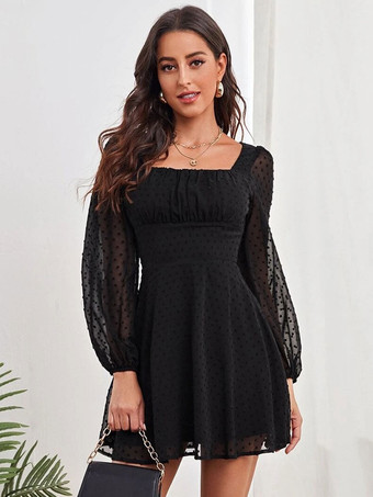 ブラック 誕生日 ミニドレス ホワイト 長袖 ポリエステル ショートドレス