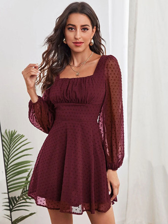 ワインレッド 誕生日 ミニドレス ホワイト 長袖 ポリエステル ショートドレス