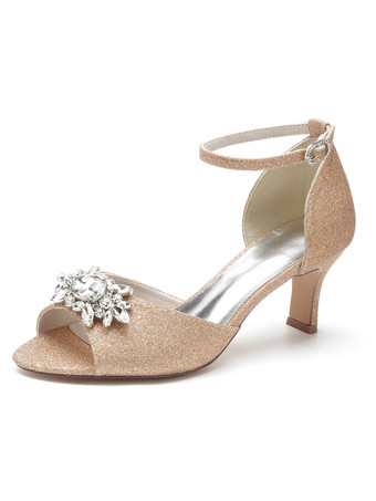 ChampagnerDamen Hochzeitsschuhe Strass Pailletten Tuch Peep Toe Chunky Heel Brautschuhe