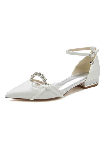 ホワイト 女性のブライダルシューズ弓スパンコール布先のとがったつま先フラットブライダルシューズ