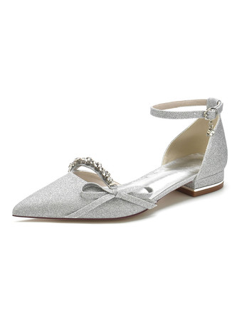 シルバー 女性のブライダルシューズ弓スパンコール布先のとがったつま先フラットブライダルシューズ