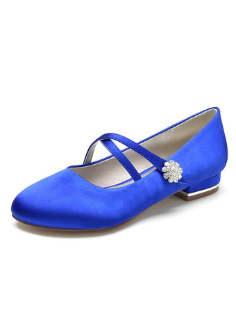ロイヤルブルー女性のブライダルシューズラインストーンサテンラウンドトゥフラットブライダルシューズ
