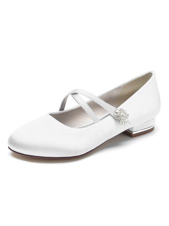 ホワイト 女性のブライダルシューズラインストーンサテンラウンドトゥフラットブライダルシューズ