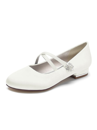 アイボリー 女性のブライダルシューズラインストーンサテンラウンドトゥフラットブライダルシューズ