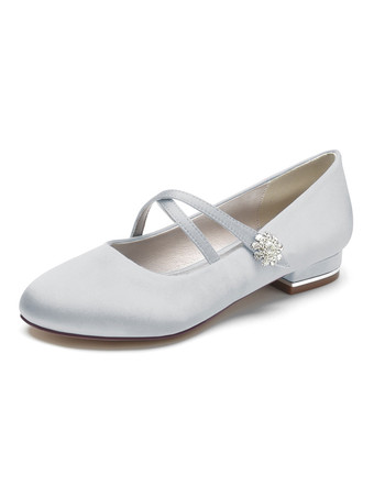 シルバー 女性のブライダルシューズラインストーンサテンラウンドトゥフラットブライダルシューズ