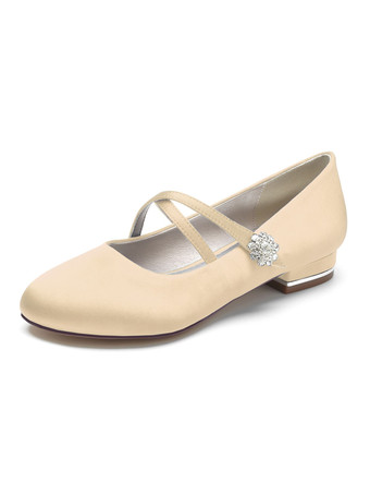 シャンパンカラー女性のブライダルシューズラインストーンサテンラウンドトゥフラットブライダルシューズ