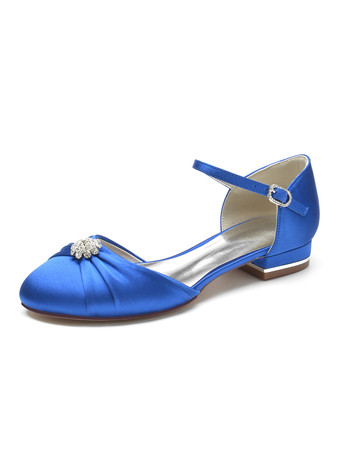 ロイヤルブルー女性の結婚式の靴ラインストーンサテンラウンドトゥフラットブライダルシューズ