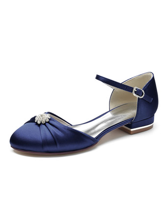 ディープブルー女性の結婚式の靴ラインストーンサテンラウンドトゥフラットブライダルシューズ