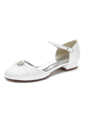 ホワイト 女性の結婚式の靴ラインストーンサテンラウンドトゥフラットブライダルシューズ