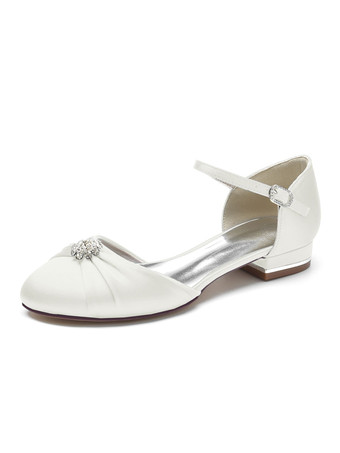 アイボリー 女性の結婚式の靴ラインストーンサテンラウンドトゥフラットブライダルシューズ