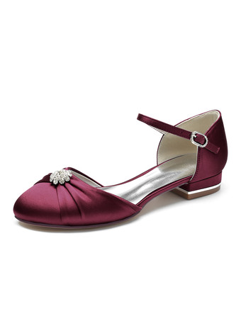 ワインレッド 女性の結婚式の靴ラインストーンサテンラウンドトゥフラットブライダルシューズ