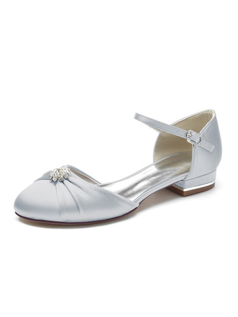 シルバー 女性の結婚式の靴ラインストーンサテンラウンドトゥフラットブライダルシューズ