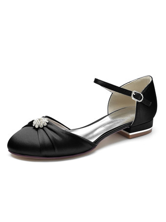 ブラック 女性の結婚式の靴ラインストーンサテンラウンドトゥフラットブライダルシューズ