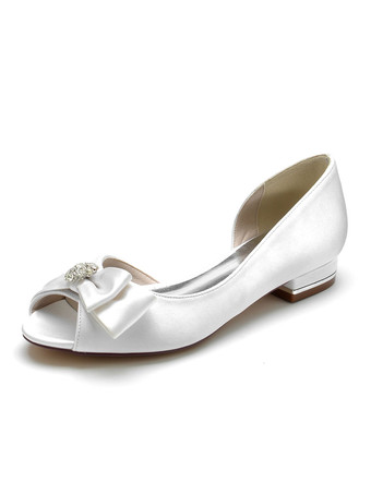 ホワイト 女性のブライダルシューズの弓サテンのぞき見つま先フラットブライダルシューズ