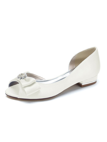 アイボリー 女性のブライダルシューズの弓サテンのぞき見つま先フラットブライダルシューズ