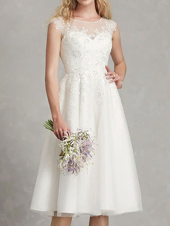 Short Wedding Dress A-Line Jewel Neck Sleeveless Applique Bridal Dresses