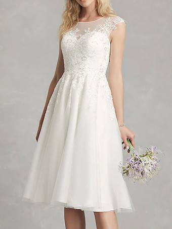 ショートウェディングドレスAラインジュエルネックノースリーブアップリケブライダルドレス