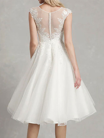 ショートウェディングドレスAラインジュエルネックノースリーブアップリケブライダルドレス