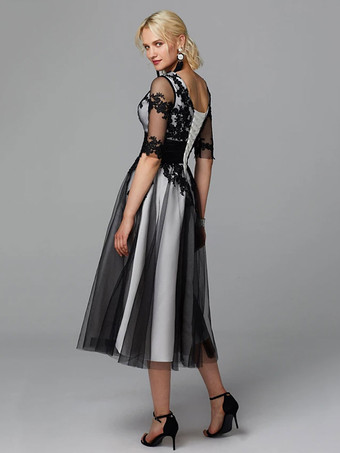 イブニングドレス ジュエルネック ティーレングス 五分袖 レースアップ アップリケ マザーオブザブライダルドレス