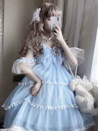 Vestido de Lolita dulce Vestido de Lolita JSK sin mangas con lazos de perlas sólidas de tres etapas de helado pequeño