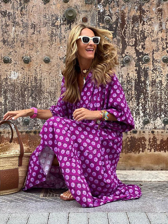 ジュエルネック マキシドレス 7分袖 カジュアル フローラルプリント ロングドレス