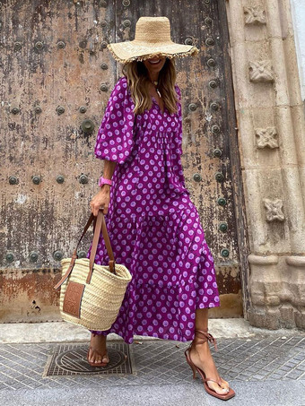 パープル ジュエルネック マキシドレス 7分袖 カジュアル フローラルプリント ロングドレス