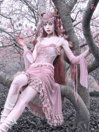 Gothic Lolita Dress Lace Sleeveless Pink Lolita JSK Dress with Oversleeves