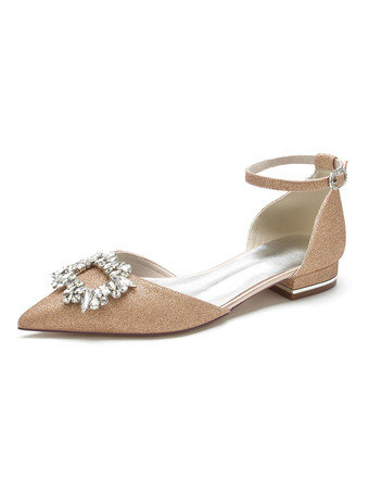 シャンパンカラー女性のブライダルシューズラインストーンスパンコールクロスポインテッドトゥフラットブライダルシューズ