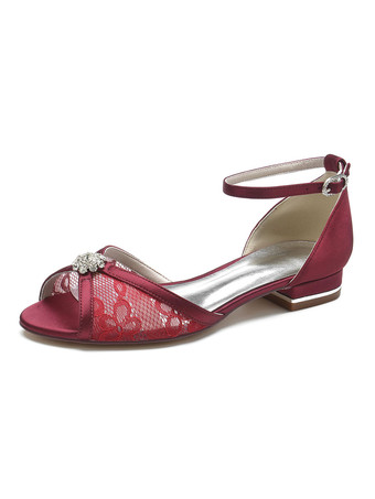 ワインレッド 女性のブライダルシューズラインストーンレースのぞき見つま先フラットブライダルシューズ