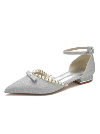 Silver Women's Wedding Shoes Pearls Ankle Strap Flats