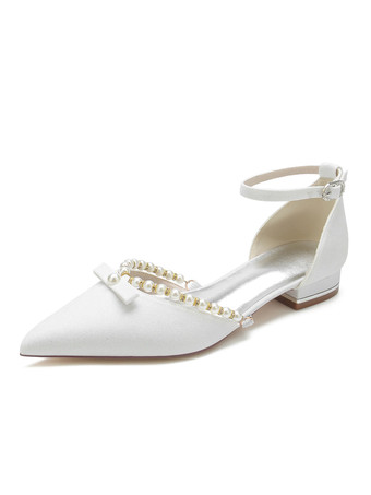 White Women's Wedding Shoes Pearls Ankle Strap Flats