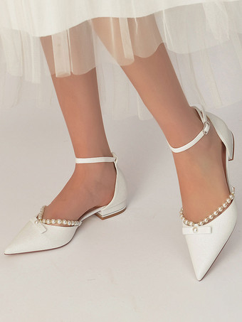 女性の結婚式の靴真珠スパンコール布先のとがったつま先フラットブライダルシューズ